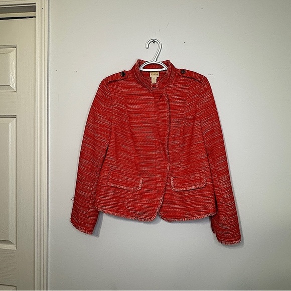 Chico’s Red/Orange Tweed Moto Jacket/Blazer – Frayed Edge, Zip-Up, Size 0/S NWT - Picture 1 of 8